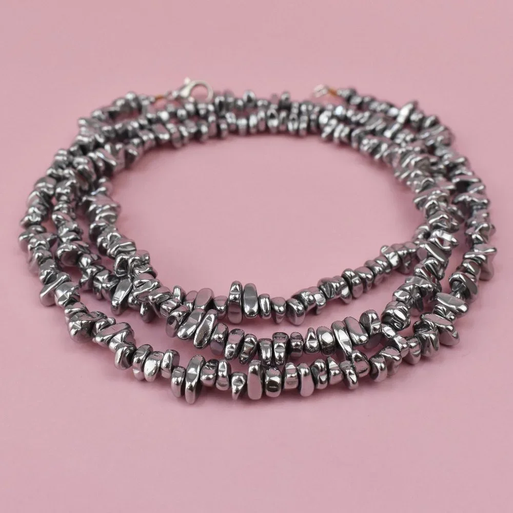 Super long silver hematite necklace boho, unique unusual stone necklace